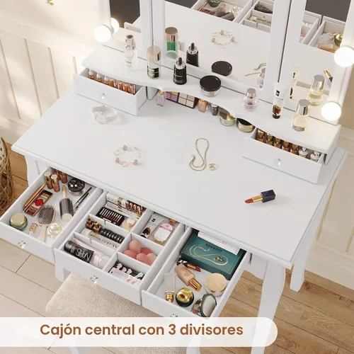 Vista 4 de Tiptiper Juego de mesa de tocador con espejo plegable triple iluminado, tocador de maquillaje con luces y 3 modos de iluminación
