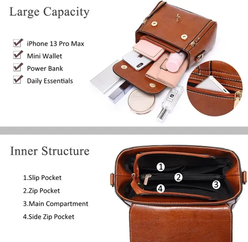 Vista 5 de Crossbody Bag for Women Fashion Designer Shoulder Purse Leather Top-handle Satchel Brown Classic Handbags for Ladies