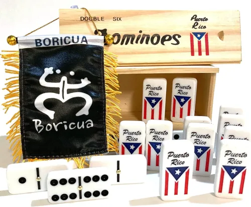 Vista 3 de Dominó de Puerto Rico Double Six Boricua Classic 2pc Dominó y Mini Bandera de Puerto Rico