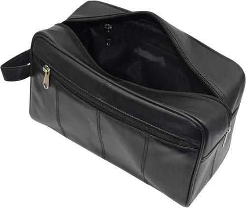 Vista 5 de MARSHAL Neceser de viaje de cuero genuino Dopp Kit organizador de viaje para hombres y mujeres, Negro -, Neceser
