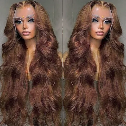 Vista 2 de Alipeacock Pelucas de cabello humano con encaje frontal marrón chocolate de 13 x 4 con cabello de bebé, densidad 180, pelucas de encaje frontal