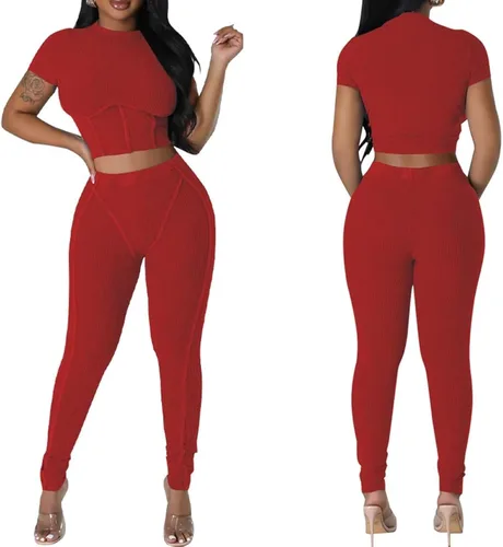 Vista 6 de acelyn Conjunto de entrenamiento casual para mujer, trajes de 2 piezas para verano, acanalados, manga corta, top corto y leggings de cintura alta