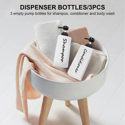 Vista 7 de Dispensador de champú y acondicionador (juego de 3, 21 onzas), moderno y recargable, para jabón de ducha, dispensador de gel corporal vacío para baño
