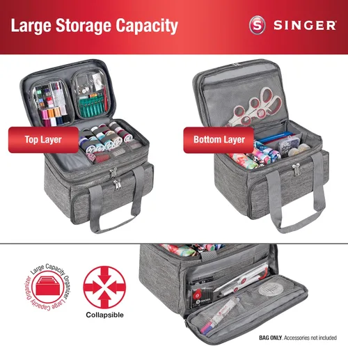 Vista 2 de Organizador de Accesorios de Costura SINGER (Solo Bolsa) – Bolsa de Almacenamiento de Costura Portátil de Doble Capa 2 Fundas Desmontables y 18
