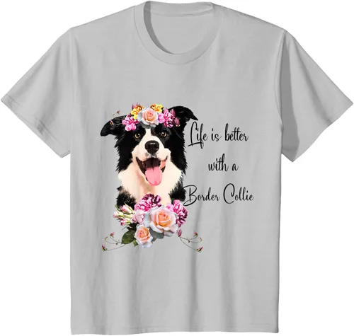 Vista 34 de Life is Better With a Border Collie - Camiseta de perro lindo con flores, gris, S Gris Oscuro