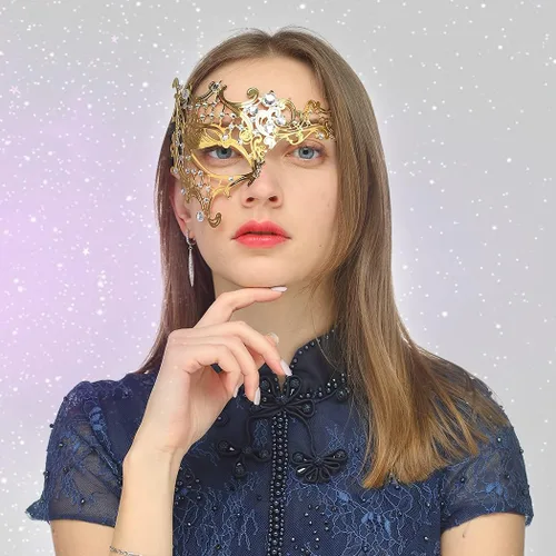Vista 4 de Máscara de mascarada para mujer, con diamantes de imitación brillantes, veneciana, fiesta, baile de graduación, máscara de metal (media cara dorada)