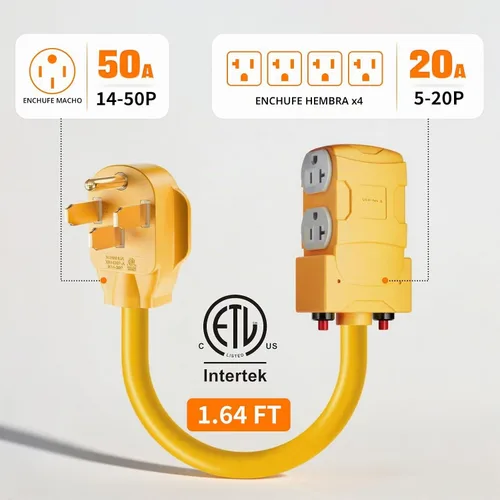 Vista 2 de Adaptador RV de 50 Amp a 20 Amp - NEMA 14-50P a 4 x 5-20R/15R Toma