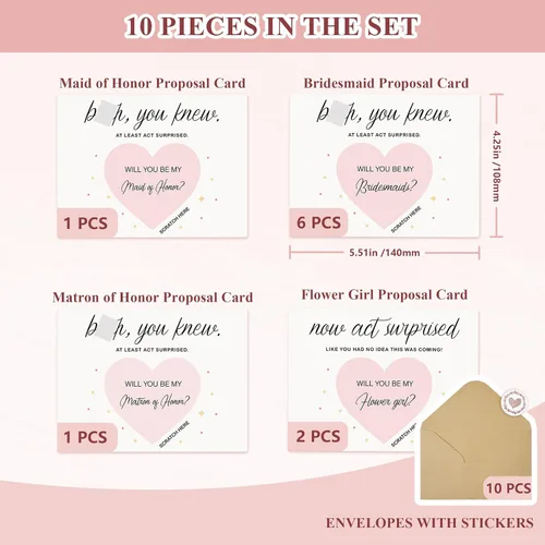 Vista 3 de 10 tarjetas para raspar propuestas de dama de honor, 6 damas de honor, 1 dama de honor, 1 matrona de honor, 2 niñas de flores. Regalos únicos