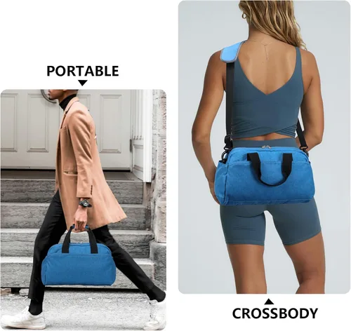 Vista 4 de Bolsa de gimnasio pequeña de 14 pulgadas para mujeres y hombres, mini bolsa de lona para viajes, deportes, bolsa de transporte ligera, color azul