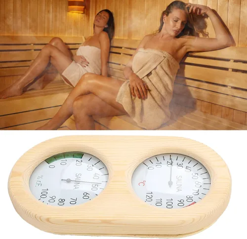 Vista 5 de Asixxsix Sauna Room Thermometer Hygrometer, Wooden 2 in 1 0120 0100% Wall Mounted Sauna Hygrothermograph with Clear Glass Cover, for Steam Room