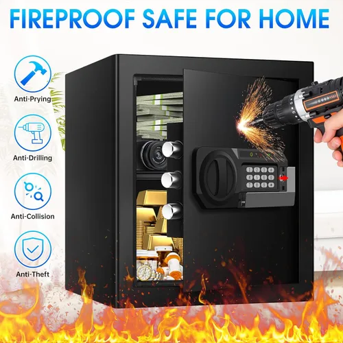 Vista 3 de Cajas de seguridad de 2.0 pies cúbicos para uso doméstico a prueba de fuego y agua, caja de seguridad de acero para el hogar con cerradura