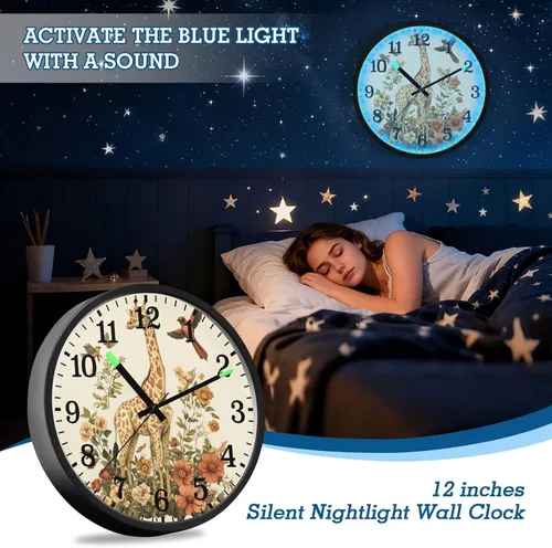 Vista 7 de Luminous Voice-Activated Wall Clock Modern Battery Operated Silent Non-Ticking Clock Giraffe Birds Flowers Botanical Illustration Vintage Style 12