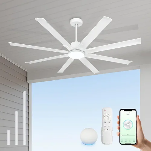 Vista 21 de Minislak Ventilador de techo de 72 pulgadas con luz, ventilador de techo industrial con 8 aspas de aluminio, ventilador inteligente negro dorado