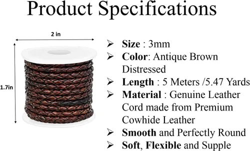 Vista 3 de GENIQUE Cordón de Cuero Trenzado Redondo Genuino, Cuerda de Cuero para Manualidades, Hacer Joyería, Collares, Pulseras (5 Metros)