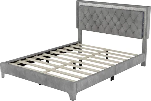 Vista 9 de Linique Base de cama tapizada tamaño Queen con luces LED, cama moderna de plataforma de terciopelo de madera con cabecera capitonada con botones