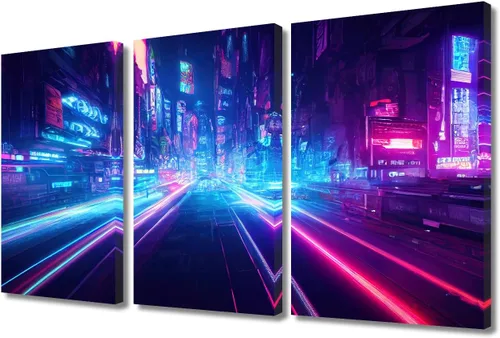 Vista 85 de Arte de pared de 3 piezas de escena de ciencia ficción de la calle comercial futurista paisaje urbano, decoración de pared para dormitorio