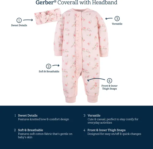 Vista 4 de Gerber Conjuntos de overoles y diadema de 4 piezas para bebés y niñas