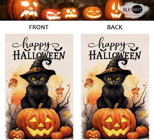 Vista 5 de BLKWHT Bandera de jardín de gatos de Halloween de 12 x 18 pulgadas, vertical, doble cara, feliz Halloween, calabaza, vacaciones, decoraciones