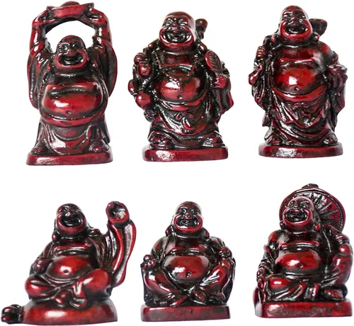 Vista 8 de Juego de 6 estatuas chinas de Buda de la suerte que ríe de resina, figuras de Buda feliz Feng Shui para la suerte, riqueza, buen regalo y colección