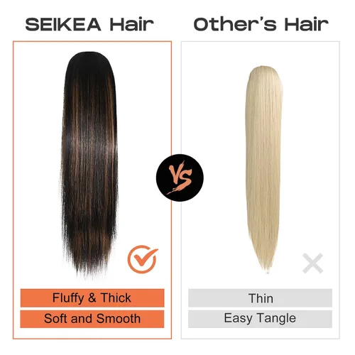 Vista 4 de SEIKEA Extensiones de cola de caballo con cordón, larga y recta, cola de caballo falsa, natural, suave, extensiones de cabello sintético resistente