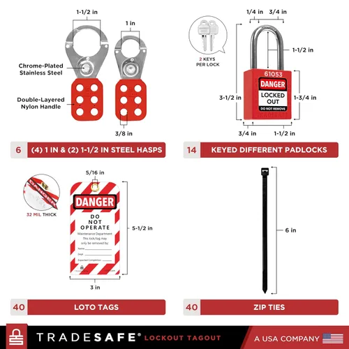 Vista 4 de TRADESAFE Estación de etiquetado de bloqueo con dispositivos Loto - Juego de 14 bloqueos de seguridad, 6 cerrojos, 40 etiquetas de no operación