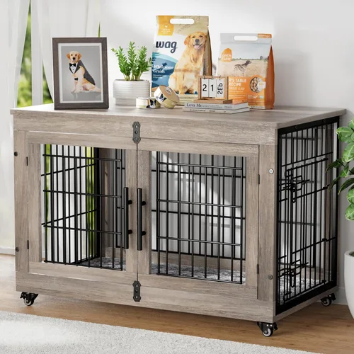 Vista 11 de YaFiti Mueble de jaula para perros con cojín, perrera de madera para interiores con puertas dobles, jaula para perros con ruedas, mesa auxiliar