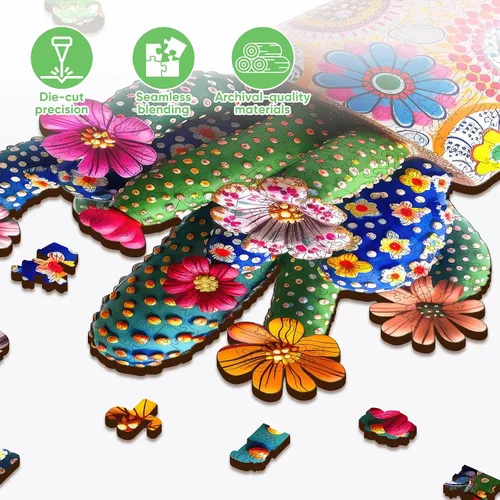 Vista 3 de Mys Aurora - Rompecabezas de madera para adultos, diseño de cactus y flores, 200 piezas