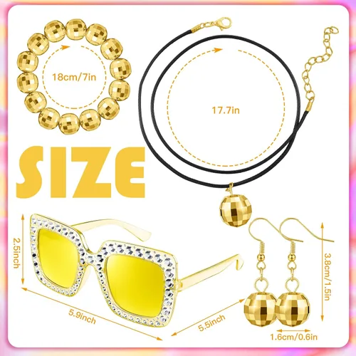Vista 3 de 6 Pcs 70s Disco Costume Women Disco Costume Outfit, 70s Dance Dress Headband Disco Ball Earrings Necklace Bracelet Sunglasses