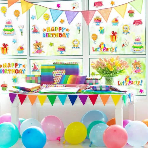 Vista 3 de Whaline 40 calcomanías de gel gruesas de cumpleaños, calcomanías de gel para ventana de cumpleaños, regalos de pastel de cumpleaños, globos