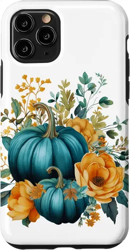 Vista 27 de iPhone 16 Teal Autumn Pumpkin Floral Fall Harvest Foliage Case