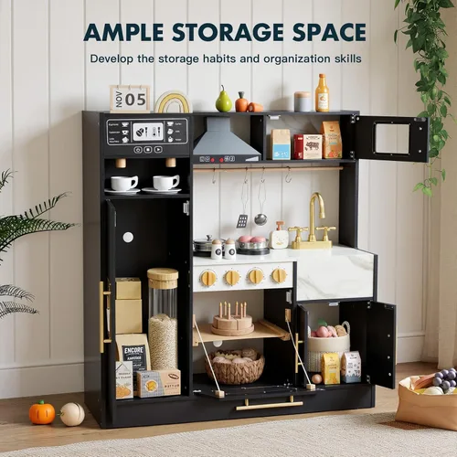 Vista 2 de Cocina de Juego para Niños, Juego de Cocina de Madera con Accesorios Realistas, Cocina de Lujo para Niños Pequeños, Campana Extractora