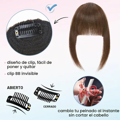 Vista 5 de Hairro Flequillo con clip, de cabello humano, fleco francés, con flecos, parte frontal plana, flequillo lateral, clip con cortina de sien, clip