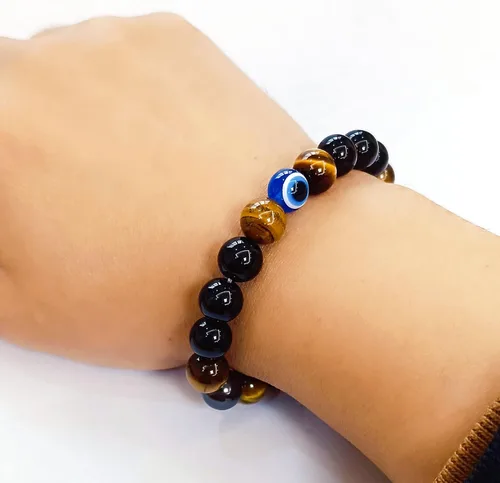 Vista 60 de Pulseras de triple protección con piedra de ojo de tigre de obsidiana negra con hematita para hombres y mujeres, pulsera de piedra curativa