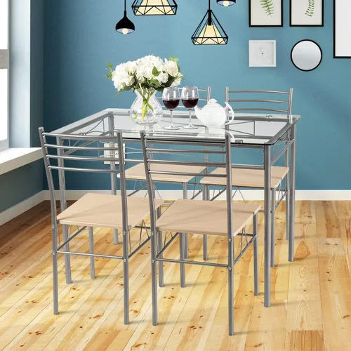 Vista 8 de Juego de mesa de comedor moderno para 4, juego de mesa de comedor con mesa de cristal, marco de metal y asiento de madera, mesa de cocina de 5