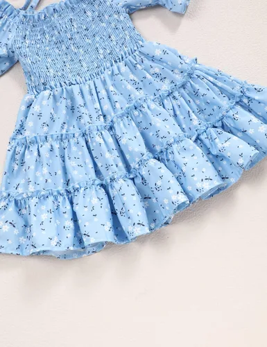 Vista 7 de Vestido de niña pequeña, cuello cuadrado, manga abombada, acampanado, vestidos florales de verano para niñas pequeñas, 2-6T