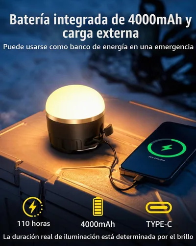 Vista 4 de Linterna de campamento recargable de 1000 lúmenes, luz LED para tienda de campaña con batería de 4000 mAh, hasta 110 horas de tiempo