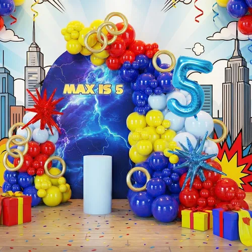 Vista 6 de Kit de guirnalda de arco de globos de oro azul con globos de estrella para decoración temática de superhéroes, decoración de cumpleaños para niños