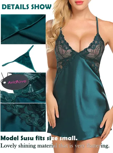Vista 2 de Avidlove Lencería para mujer, cuello en V, camisón corto de satén con encaje para dormir