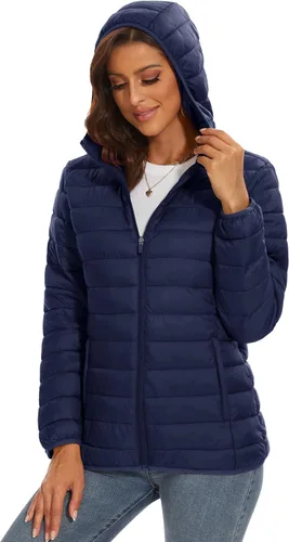 Vista 3 de MAGCOMSEN Chaqueta acolchada con capucha para mujer, ligera, acolchada, con 4 bolsillos, con cremallera, ropa cálida para invierno