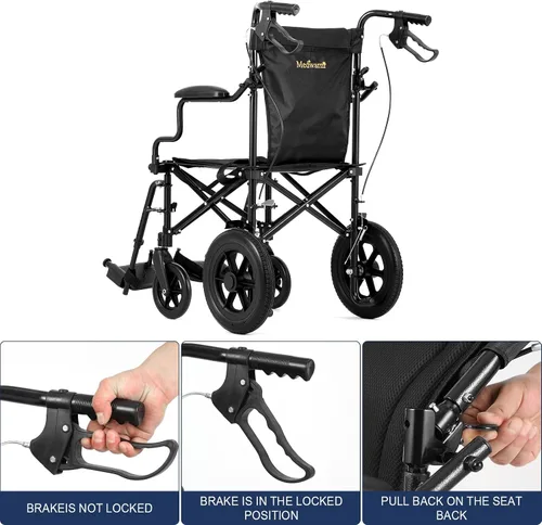 Vista 5 de Medwarm Silla de ruedas de transporte ultraligera para adultos y niños, pesa solo 22 libras, silla de ruedas plegable de viaje con frenos de mano
