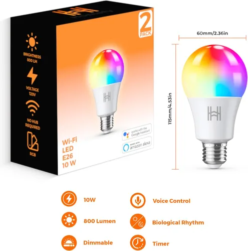 Vista 7 de Paquete de 2 bombillas inteligentes, LED A19 que cambian de color (800 lúmenes), WiFi y Bluetooth, sincronización de música, compatible con Alexa