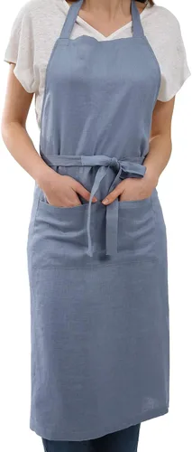 Vista 7 de Amazhiyu Delantal de cocina de lino puro con bolsillos para mujeres y hombres, cocinero, barbacoa, manualidades