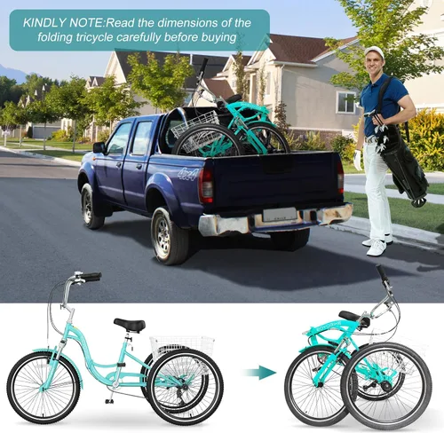 Vista 3 de MOPHOTO Triciclo plegable para adultos, 7 velocidades, 20/24/26 pulgadas, bicicleta de 3 ruedas para personas mayores, mujeres y hombres, bicicleta