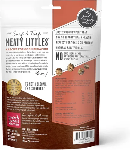 Vista 2 de The Honest Kitchen Meaty Littles - Golosinas para perros, receta de carne de res y salmón, hechas con ingredientes de grado humano, golosinas