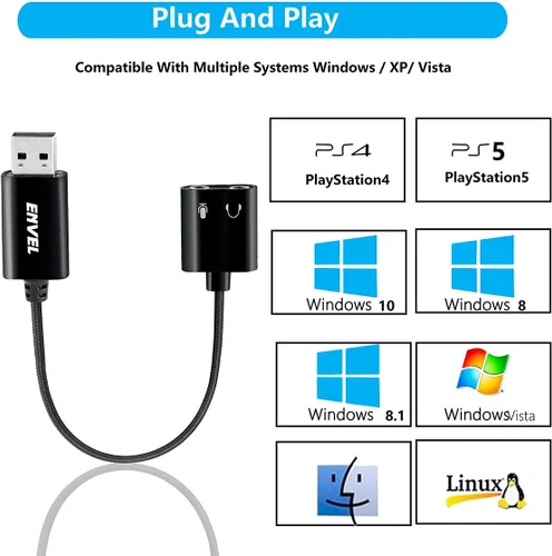 Vista 3 de ENVEL Tarjeta de sonido USB+auriculares para juegos con micrófono para PC, PS4, PS5, Nintendo Switch, Xbox One X S