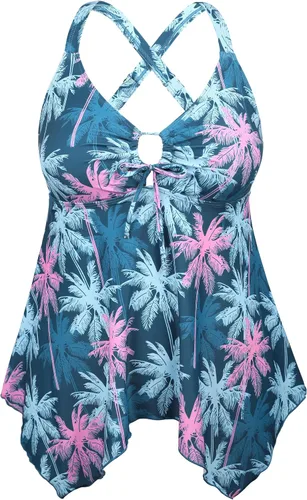 Vista 10 de Firpearl Trajes de baño tankini para mujeres, modestos y fluidos, espalda cruzada, talla plus, top de traje de baño Azul aguamarina
