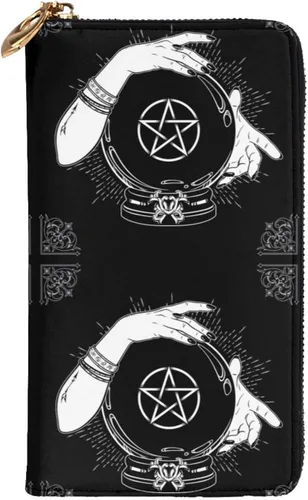 Vista 3 de Cartera larga con cremallera para mujer, con bola de cristal mágica, pentagrama, bruja, tarjetero grande para tarjetas de crédito