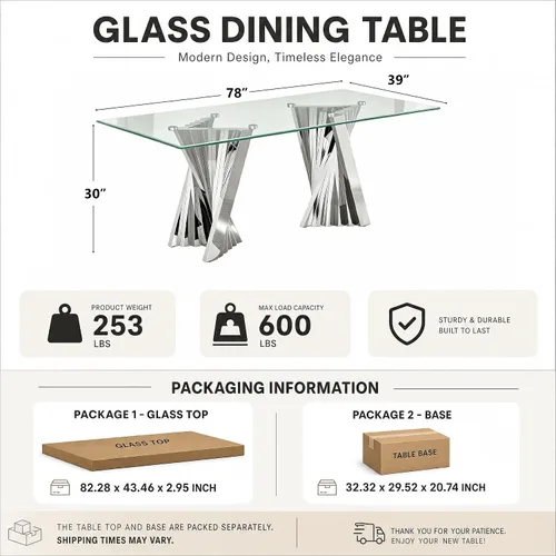 Vista 2 de Mesa de comedor de cristal, mesa de cocina rectangular plateada de Plateado
