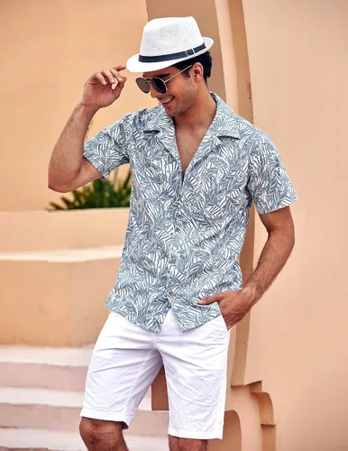 Vista 3 de COOFANDY - Camisas hawaianas de algodón y lino florales tropicales con botones para hombre