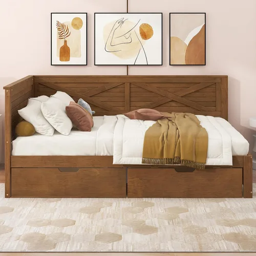 Vista 3 de Sofá cama de madera de tamaño individual con nido y cabecera en forma de L, marco de madera para sofá cama con barandilla rústica y soporte